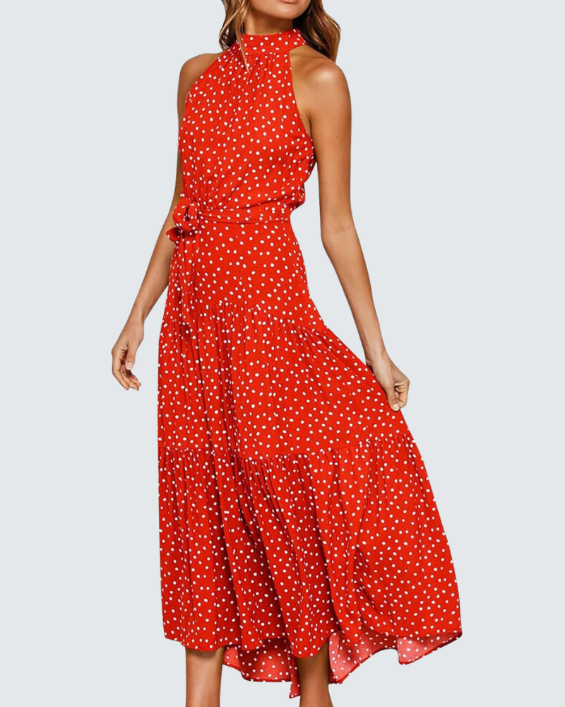 Fina Robe Femme Maxi Boheemi – Pilkkukuosi, Paljaat Olkapäät, Kesäinen Laskostettu Leikkaus