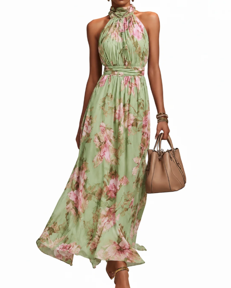 Sukienka maxi Vivienne damska – długa sukienka w kwiaty z dekoltem halter, taliowana, elegancka