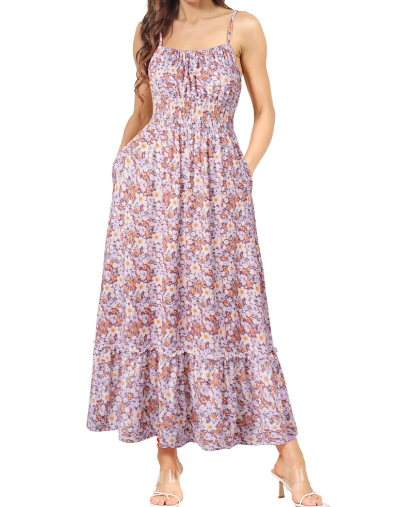 Vestido Maxi Piper para Mulher – Floral Plissado com Alças Finas Ajustáveis