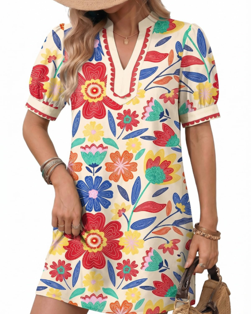 Charlotte Boho-Kleid für Damen – Sommerliches Blumenkleid mit V-Ausschnitt und Puffärmeln
