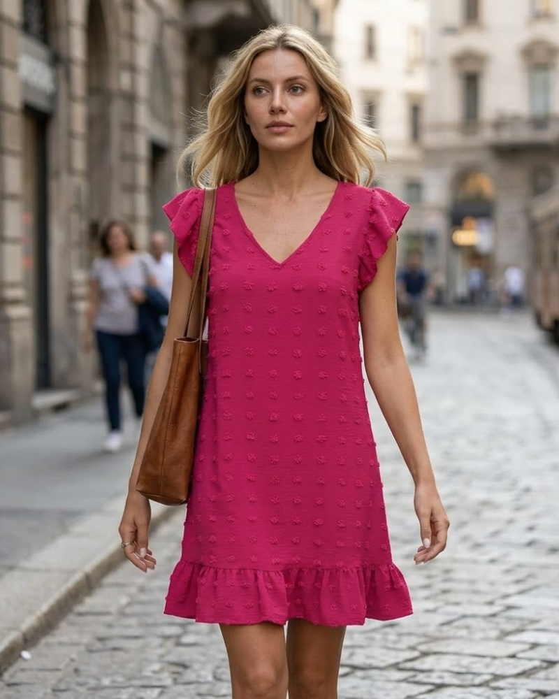 Chloé Women's Dress – Midi Dress V-Neck Short Sleeves Ruffles A-Line Cut Summer