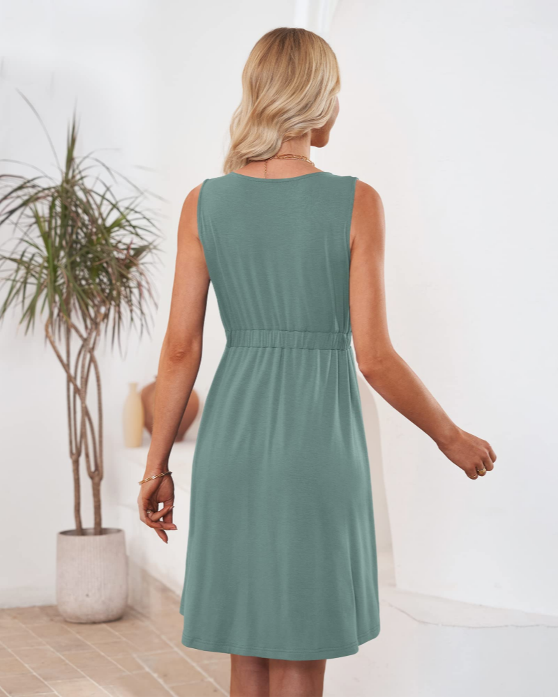 Mila Robe Femme Sans Manches – Robe Trapèze Col V avec Poches pour l’Été