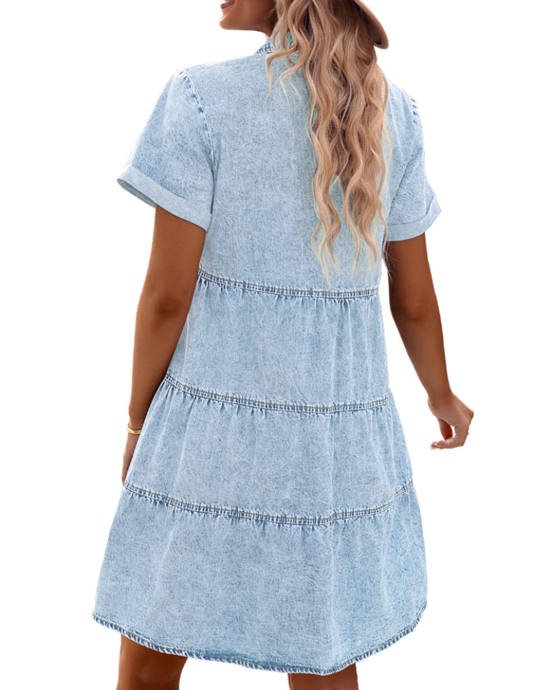 Vestido Camisón Emma para Mujer en Denim – Vestido Babydoll Abotonado con Volantes Superpuestos