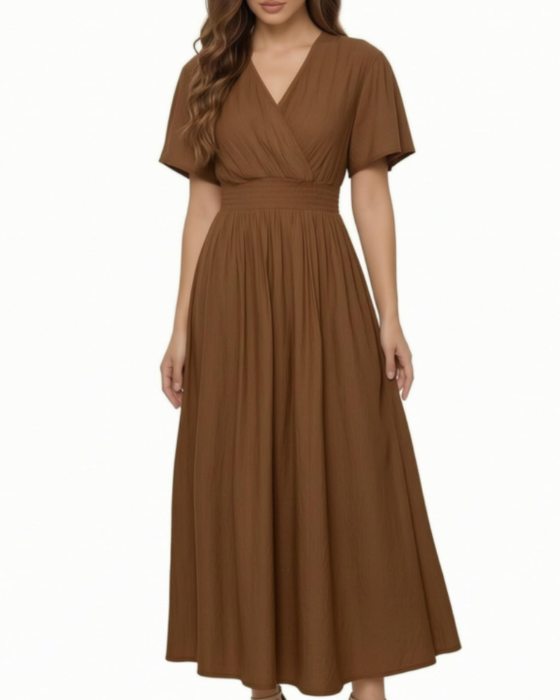 Vestido Maxi Sarai para Mulher Verão – Liso com Decote em V, Mangas com Folhos, Cintura Elástica