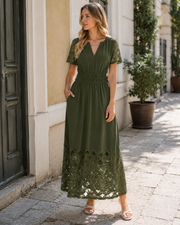 Emma jurk dames – maxi bohemien jurk met V-hals, empire taille, zakken, soepel, zomer