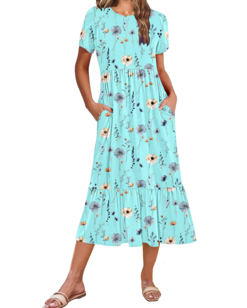 Emily Midikleid für Damen mit Volants – Sommerkleid mit ausgestelltem Schnitt, hoher Taille und Taschen