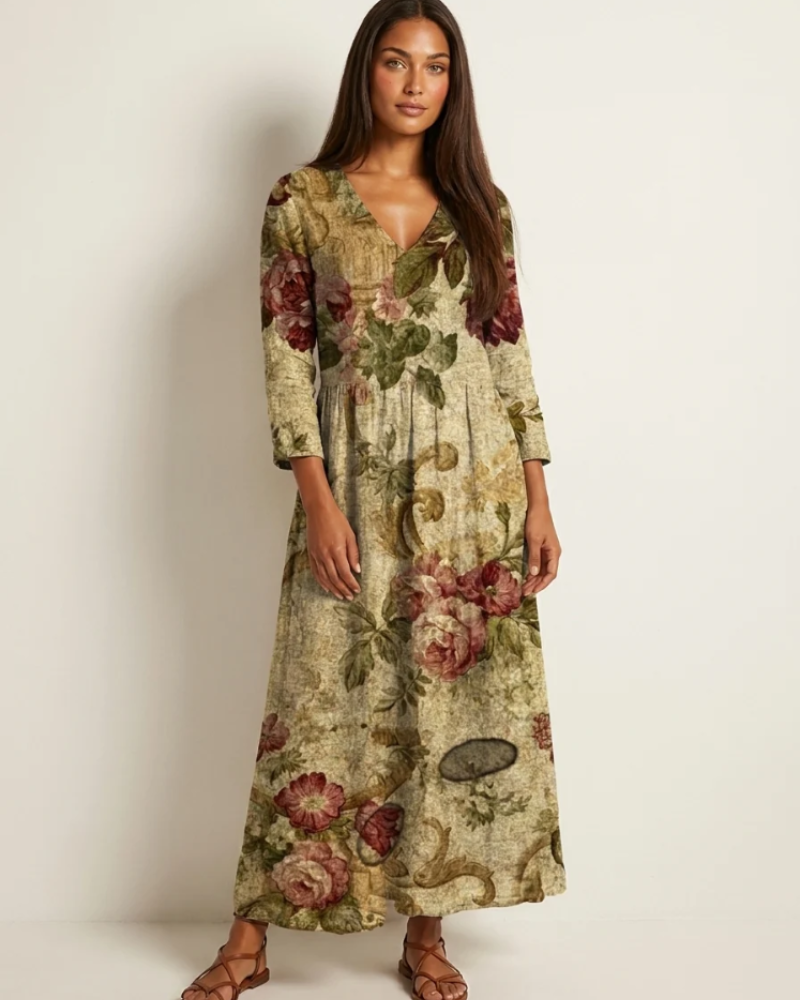 Marigold Maxi Ruha Nőknek – Virágos V-nyakú Ruha Zsebekkel, Elegáns, Laza Vágással