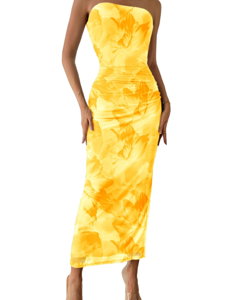 Brooklyn Robe Maxi Femme – Robe Bustier Fleurie Moulante avec Fente Élégante