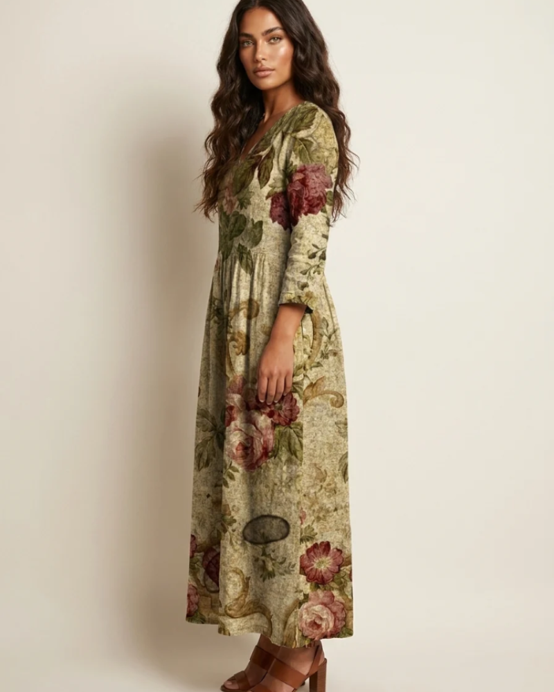 Marigold Maxi Ruha Nőknek – Virágos V-nyakú Ruha Zsebekkel, Elegáns, Laza Vágással