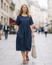 June Robe Midi Femme Grande Taille – Coton Col Rond Manches Courtes & Poches