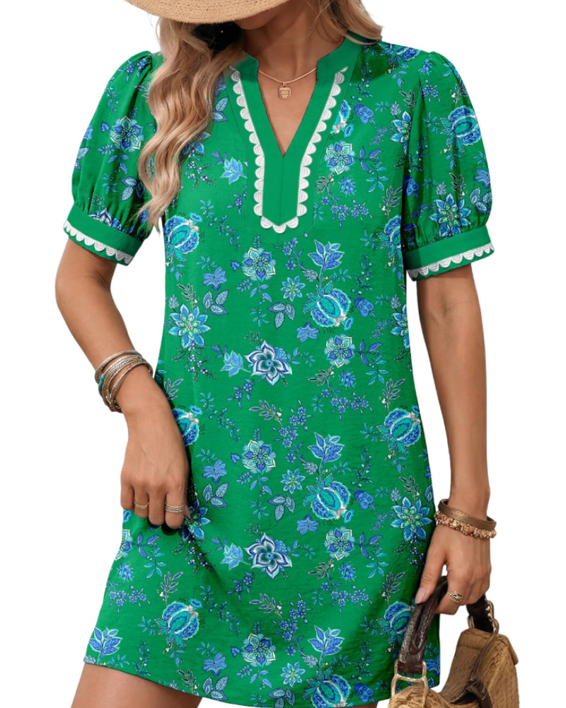 Charlotte Boho-Kleid für Damen – Sommerliches Blumenkleid mit V-Ausschnitt und Puffärmeln