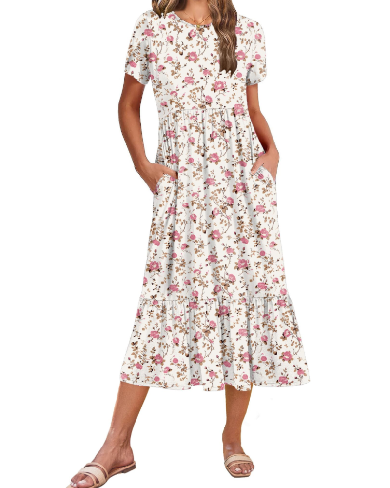 Emily Midikleid für Damen mit Volants – Sommerkleid mit ausgestelltem Schnitt, hoher Taille und Taschen