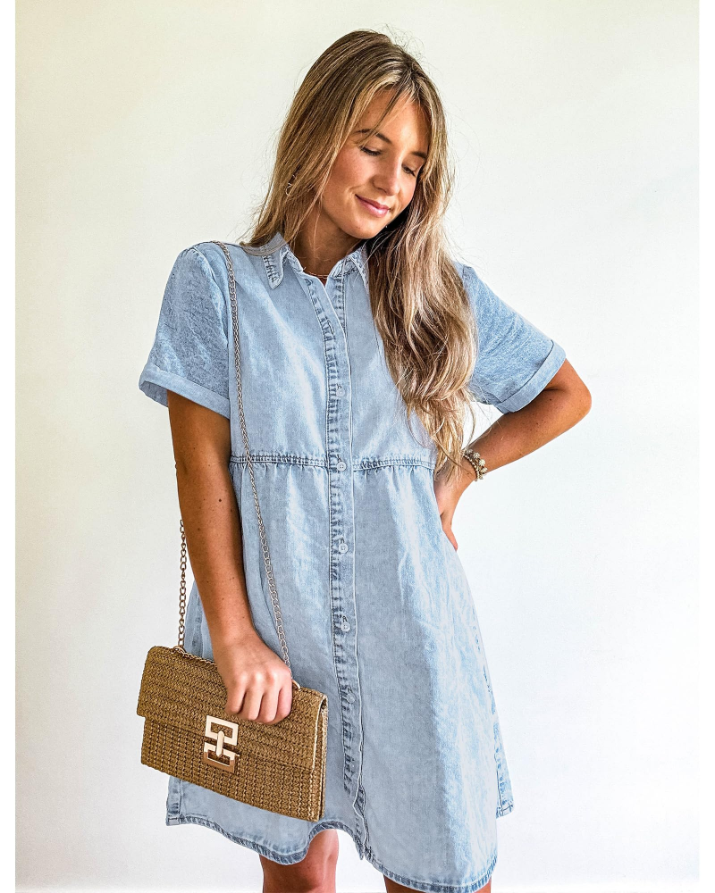 Vestido Camisón Emma para Mujer en Denim – Vestido Babydoll Abotonado con Volantes Superpuestos