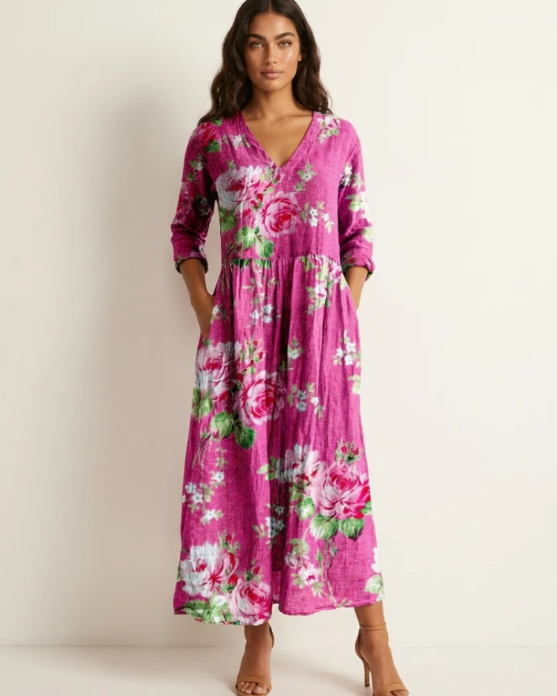 Marigold Maxi Ruha Nőknek – Virágos V-nyakú Ruha Zsebekkel, Elegáns, Laza Vágással