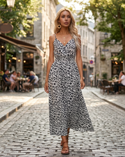 Vestido largo Cora para mujer verano – Estampado de leopardo, cuello en V, cintura elástica