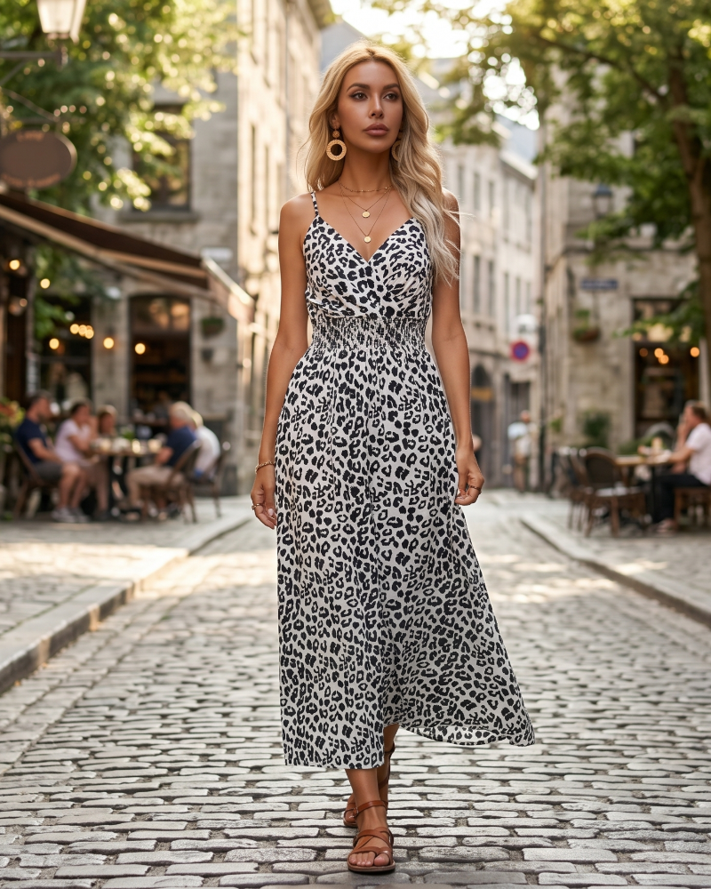 Vestido largo Cora para mujer verano – Estampado de leopardo, cuello en V, cintura elástica