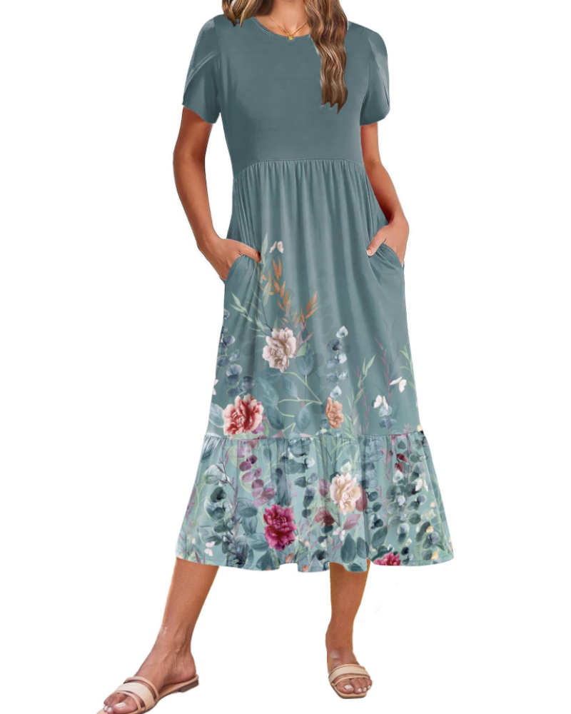 Emily Midikleid für Damen mit Volants – Sommerkleid mit ausgestelltem Schnitt, hoher Taille und Taschen