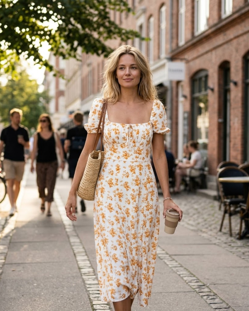 Sophie dlouhé bohémské šaty pro ženy – květované lehké šaty s hranatým výstřihem a krátkými rukávy