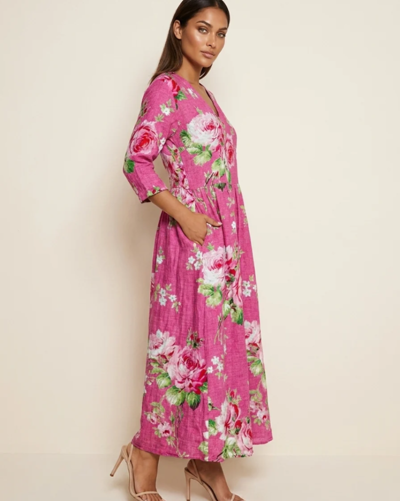 Marigold Maxi Ruha Nőknek – Virágos V-nyakú Ruha Zsebekkel, Elegáns, Laza Vágással