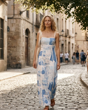 Vestido Maxi Mirasol Mulher – Vestido Longo com Decote Quadrado, Costas Atadas e Estampa Mediterrânica