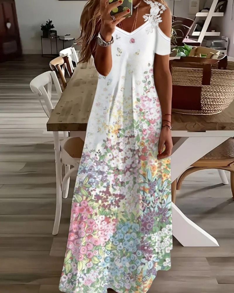 Annalise Robe Fleurie Femme – Robe Épaules Dénudées Col V Fluide d'Été