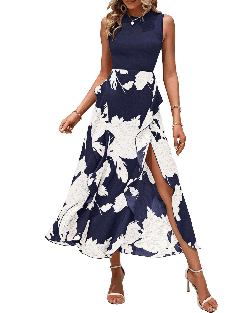 Zoey Midikleid mit Blumenmuster für Damen – ärmelloses Boho-Kleid mit hoher Taille und Volants