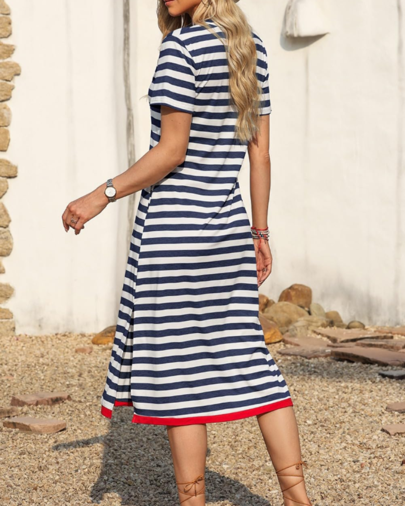 Herbst Maxikleid Damen Gestreift – Langes Freizeitkleid mit kurzen Ärmeln im Color-Block-Design