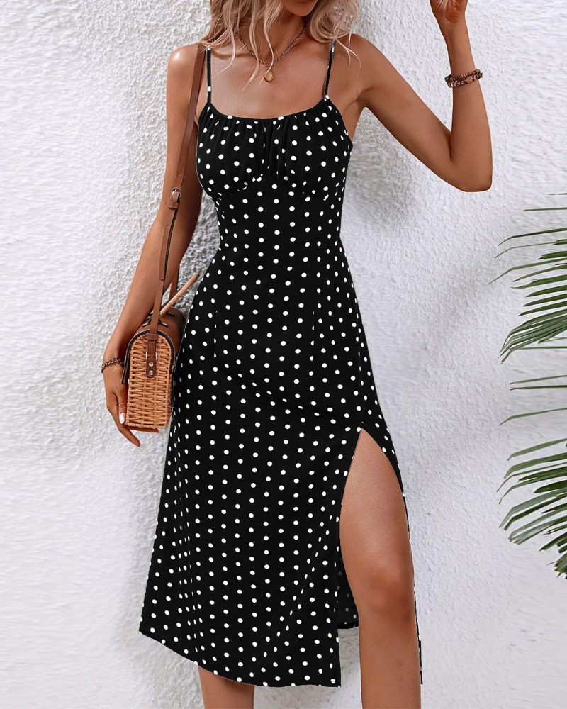 Violettes Sommerkleid für Damen – Punkte & Blumen, dünne Träger, seitliche Schlitze