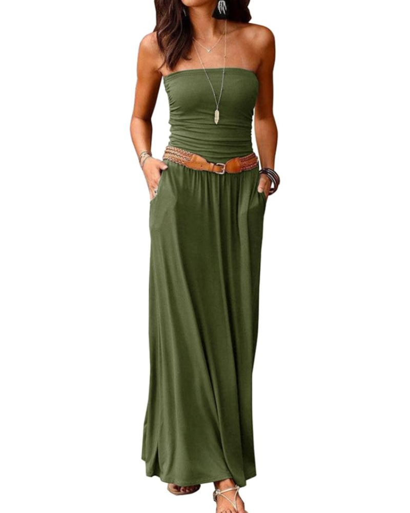 Taylor Maxikleid Damen Sommer – Einfarbiges Boho-Bustier mit Taschen
