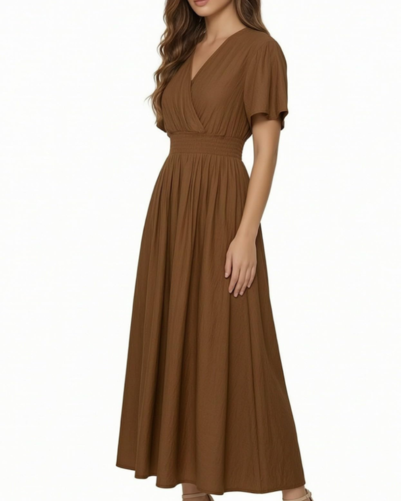 Vestido Maxi Sarai para Mulher Verão – Liso com Decote em V, Mangas com Folhos, Cintura Elástica
