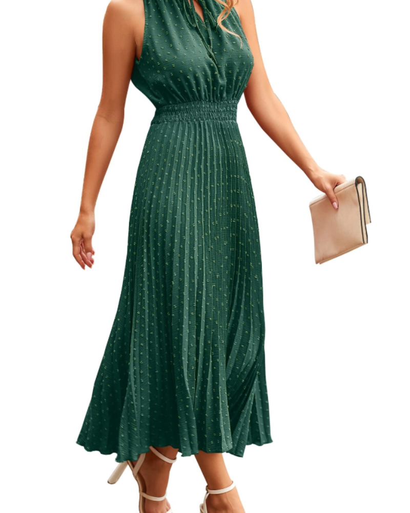 Ovie Robe Midi Femme Été – Col V Plumetis Volants Sans Manches