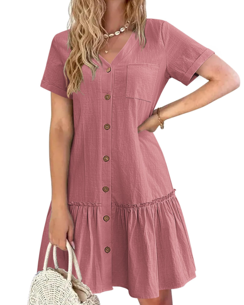 Claudia Robe Coton Lin Femme – Robe Col V Boutons Bois avec Jupe Plissée