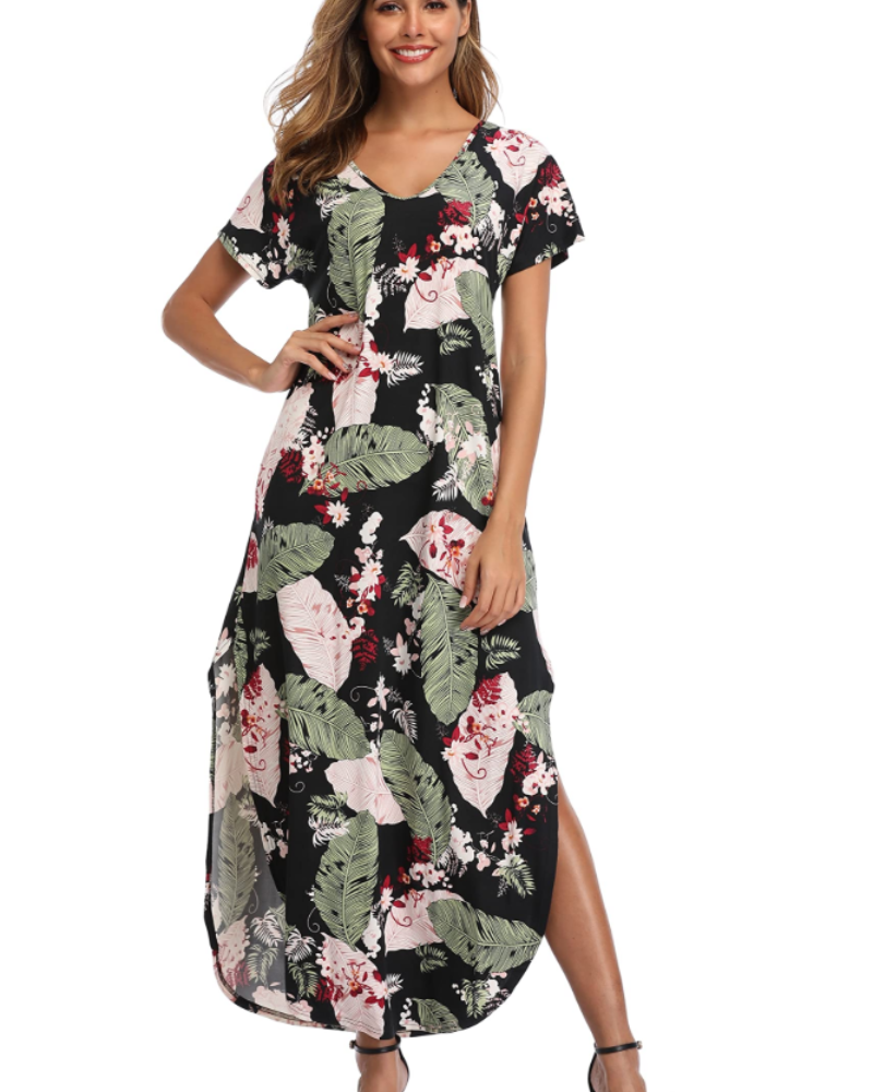 Blair Maxi-jurk voor dames zomer – bloemenprint, ronde hals, split en zakken