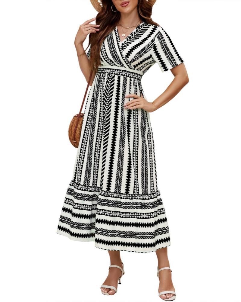 Elsie Damen Sommerkleid – Gestreifter V-Ausschnitt, A-Linien-Schnitt mit Taschen