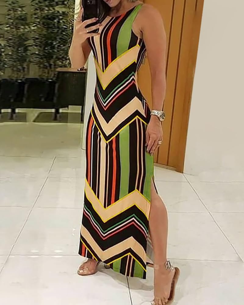 Tahlia Robe Rayée Femme – Robe Sans Manches Col Rond avec Fente Latérale