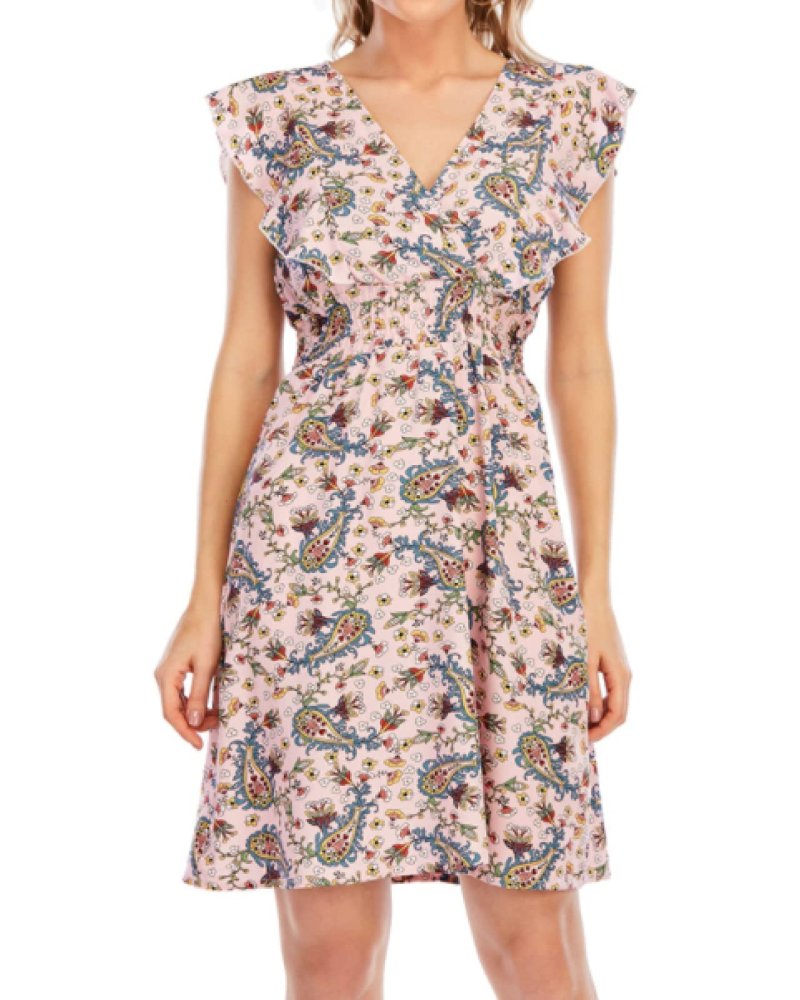Celeste Mini-jurk voor dames – Bloemenmousseline met V-hals en ruches, roze