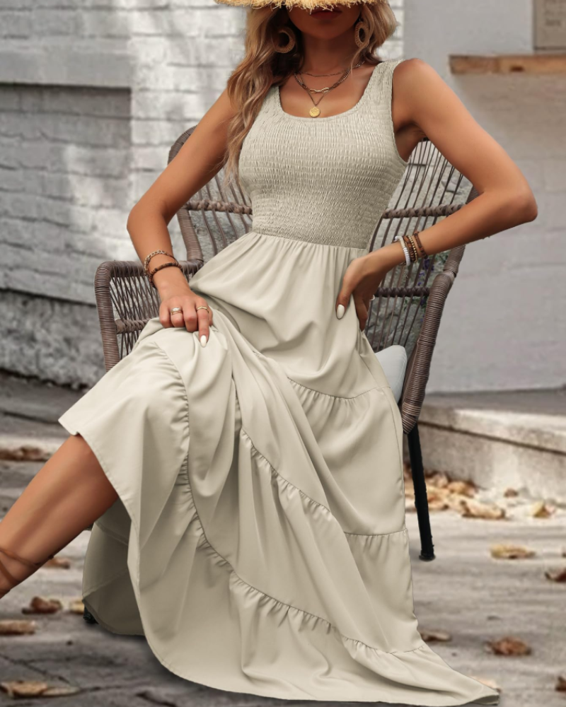 Scarlett Robe Midi Femme – Robe Sans Manches Col Carré à Volants Élégante