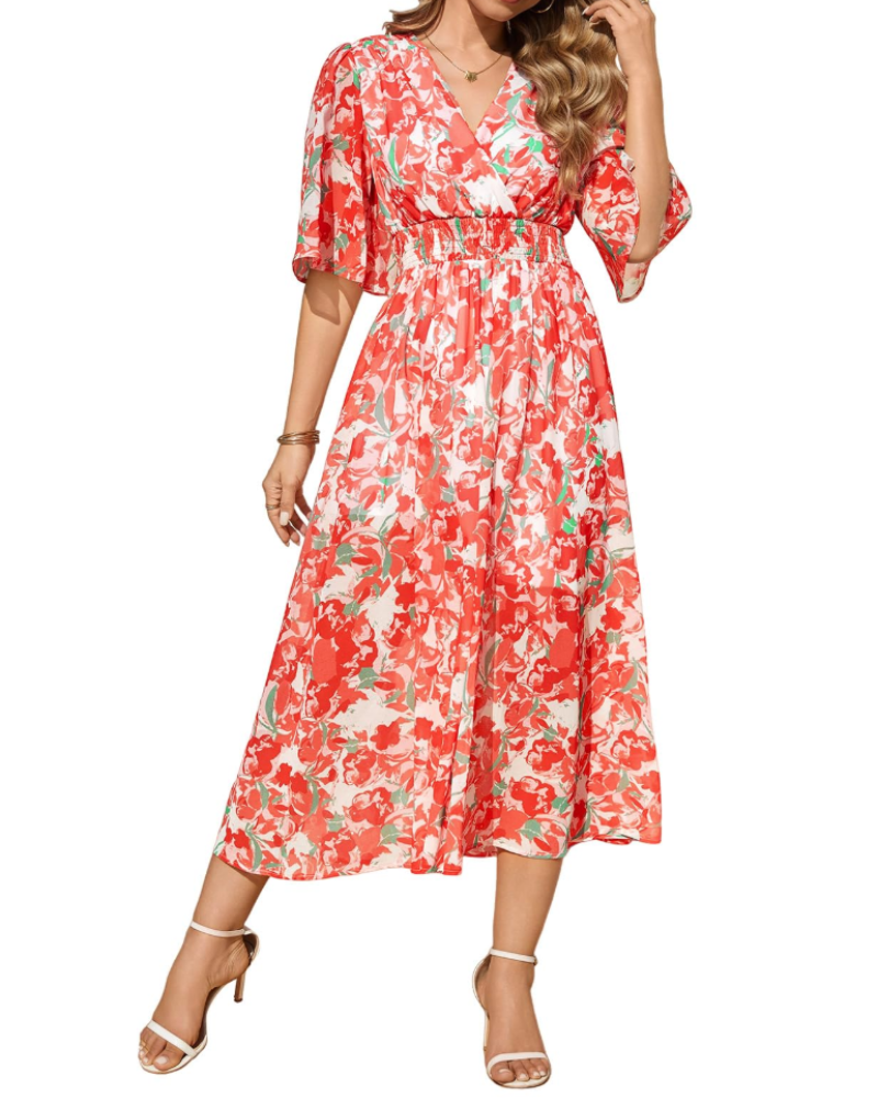 Delilah Robe Bohème Femme – Robe Longue Fleurie Col V Taille Élastique & Manches Cloche