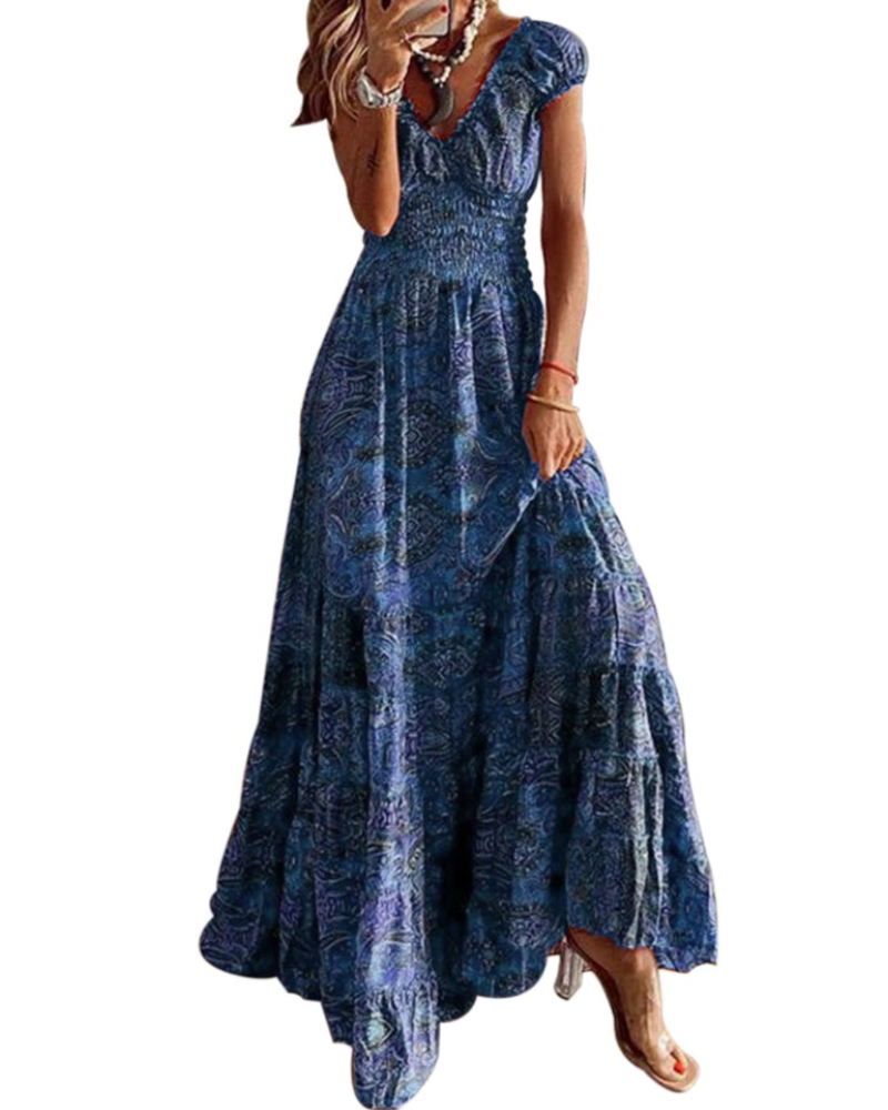 Charl Robe Maxi Femme Été – Fleurie Col V Manches Courtes