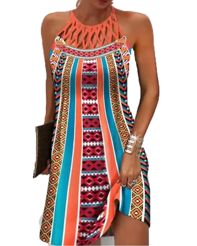 Layla Robe Midi Bohème Femme – Robe Col Halter Imprimé Ethnique d'Été