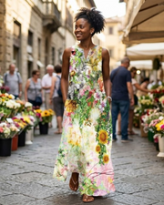 Maëlys Vestido Largo Bohemio Floral para Mujer – Vestido Maxi Fluido Sin Mangas con Escote en V y Bolsillos