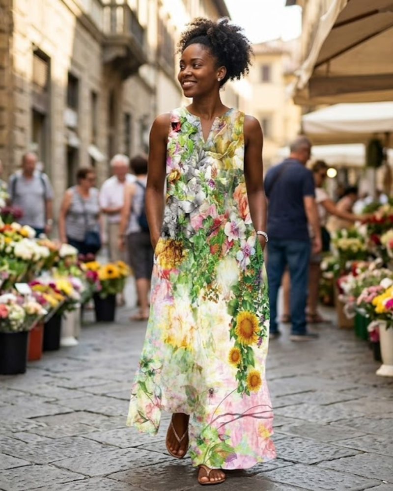 Maëlys Vestido Largo Bohemio Floral para Mujer – Vestido Maxi Fluido Sin Mangas con Escote en V y Bolsillos