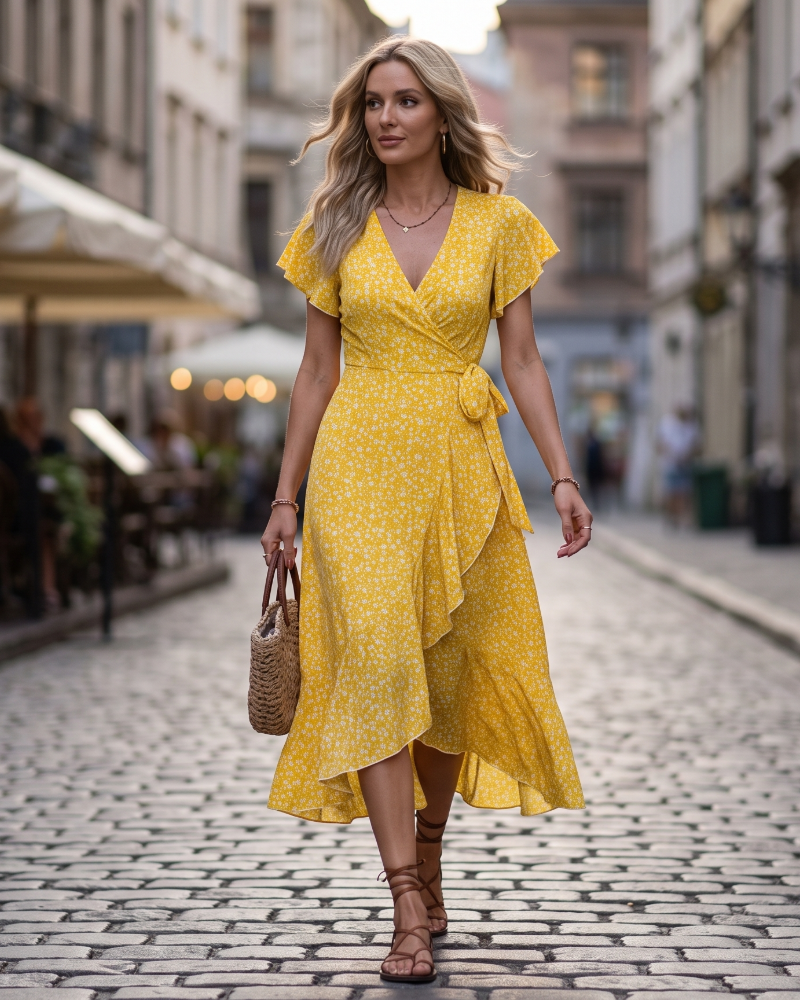 Celeste Robe Midi Fleurie Femme – Robe Col V Taille Empire avec Ceinture