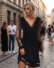 Rochie de seară Emerson pentru femei – Rochie mini cu decolteu în V și mâneci paietate elegante, neagră