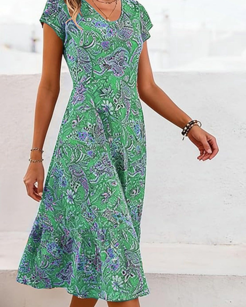 Šaty Geneva Midi Fleurie pro ženy – trapézové šaty s výstřihem do V a krátkými rukávy