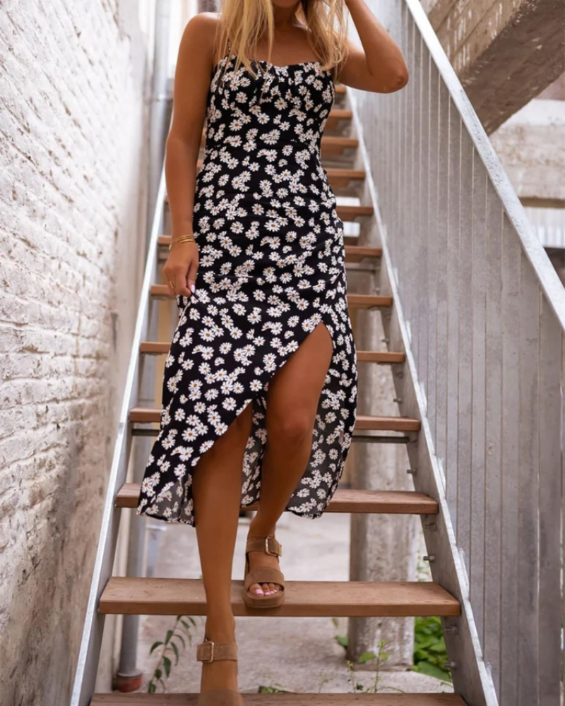 Vestido de Verão Floral Noelle para Mulher – Vestido Bustier Fruncido com Fenda Lateral