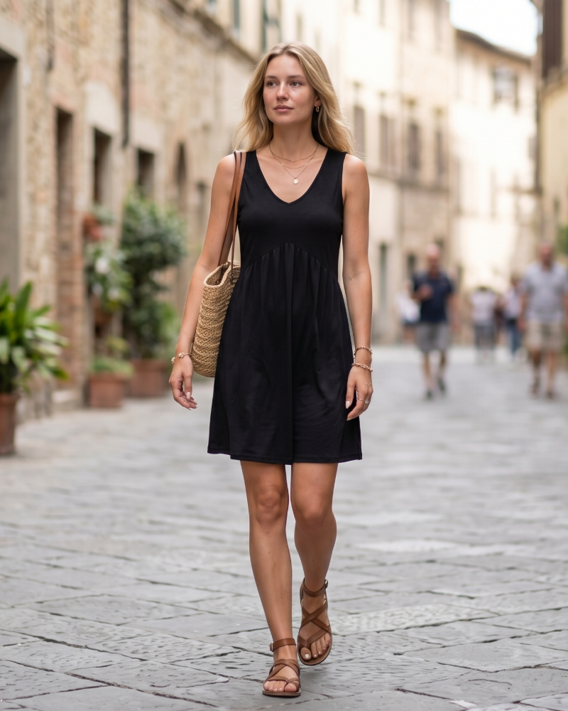 Vestido Midi Freya Mulher Verão – Decote em V Sem Mangas Plissado com Bolsos