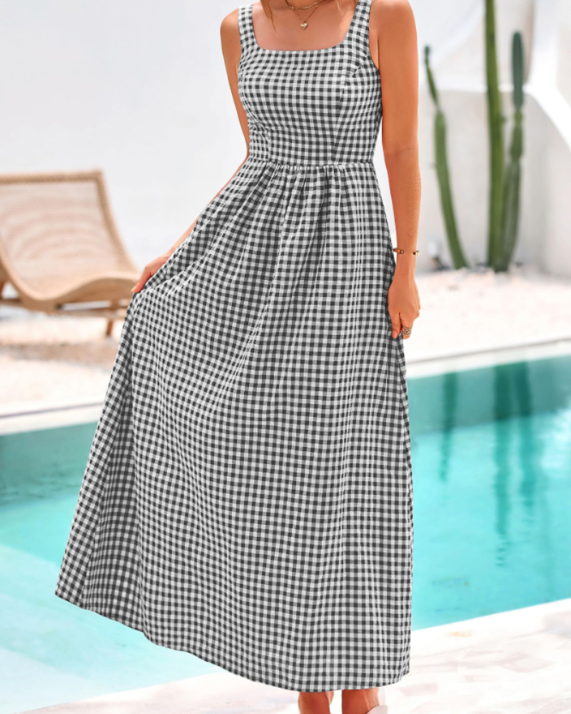 Opely Robe Maxi Femme Carreaux – Col Carré Bretelles & Taille Smockée