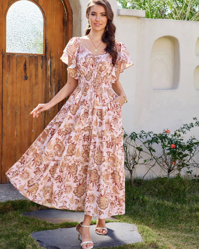 Brianna Maxikleid für Damen – Florales Muster, V-Ausschnitt, eckiger Kragen, Volants & Taschen