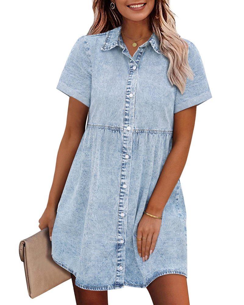 Vestido Camisón Emma para Mujer en Denim – Vestido Babydoll Abotonado con Volantes Superpuestos